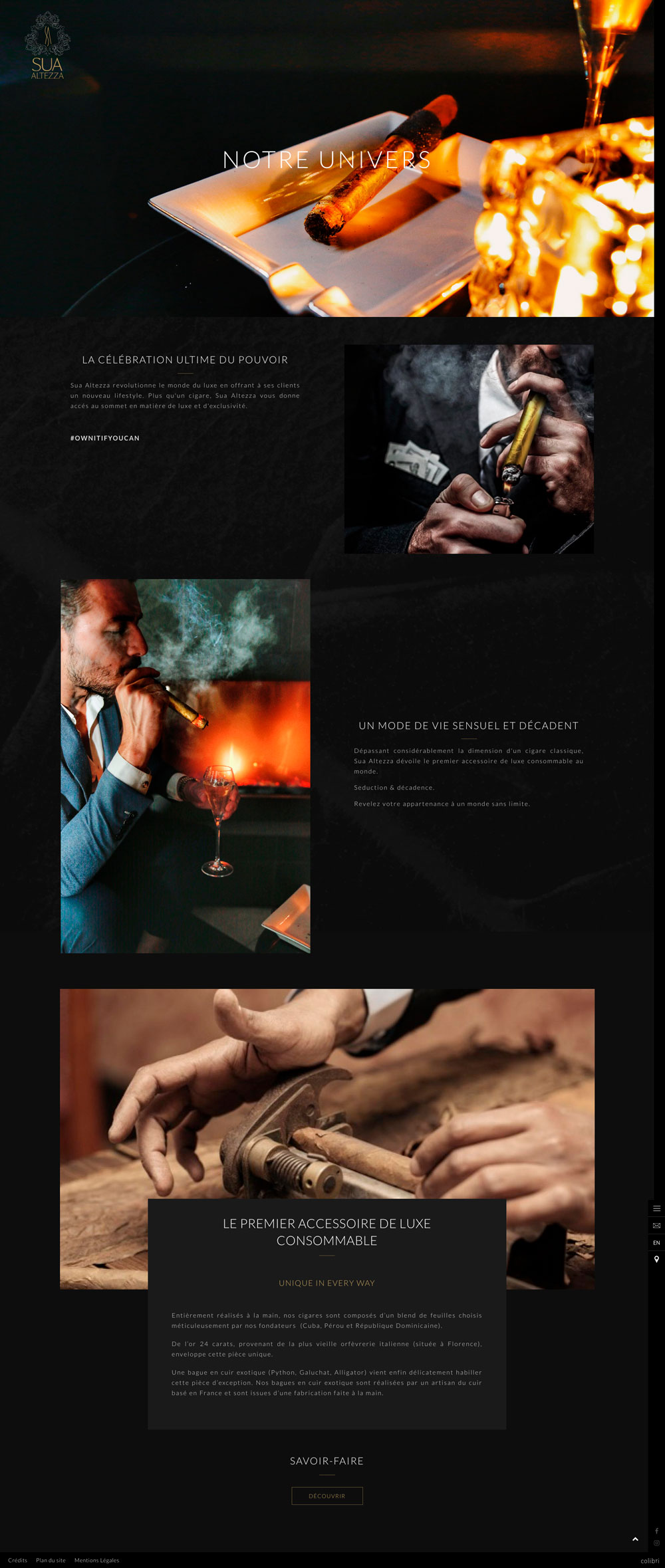 Accompagnement stratégique Branding, lancement de la marque de cigares SUA ALTEZZA - Création du site internet - 2